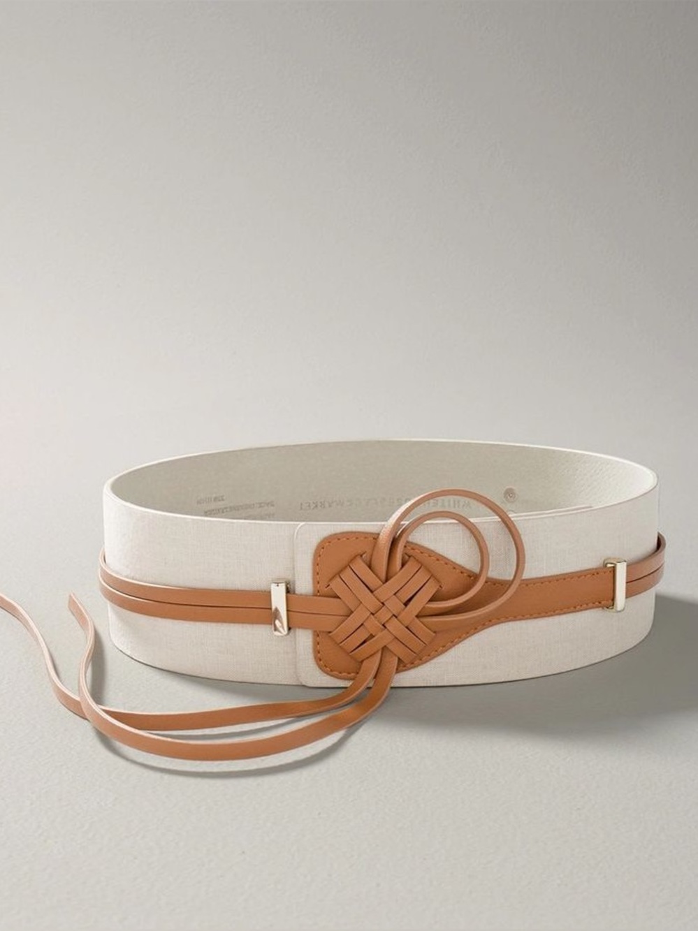 White House Black Market XS/S Wide Corset Belt Woven Knot Cognac Cream Leather
